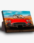 Personalized 'Classic Paw-Vette' standing canvas featuring three pets in a red vintage car with a desert road background.