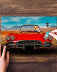 Personalized pet puzzle featuring a bulldog driving a red classic car with mountains.