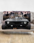 Personalized 3-pet blanket with dogs in a black classic car, driving through a city at sunset.