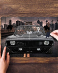 Personalized 3-pet puzzle featuring dogs in a black classic car with a city background.