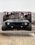 Personalized pet blanket with a golden retriever driving a black classic car in a city portrait.