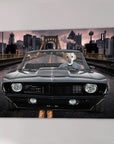 Personalized 'Classic Pawmaro' canvas featuring a yellow lab driving a black vintage car on a bridge.