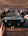 Personalized pet puzzle featuring a dog in a classic black car with a city skyline background.