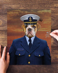 Personalized Coast Guard pet puzzle featuring a bulldog in a navy uniform against a sunset background.