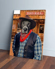Custom pet portrait canvas featuring a black dog in a cowboy hat, red bandana, and plaid shirt with a vest, standing before a "Town Hall" building.