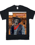 Black Gildan t-shirt featuring a personalized graphic of a black dog dressed as a cowboy in front of Town Hall.
