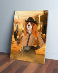 Personalized 'Cowgirl' pet canvas featuring a Cavalier King Charles Spaniel in a Western town.