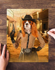 Personalized pet puzzle featuring a Cavalier King Charles Spaniel as a cowgirl in a Western setting.