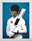Personalized pet poster featuring a Rottweiler in cricket whites, helmet, and holding a bat against a blue background.