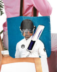 Personalized pet portrait tote bag featuring a Rottweiler in a cricket player uniform.