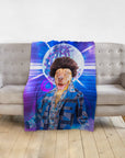 Personalized minky blanket with a custom disco dog portrait, featuring a brown dog in a blue suit.