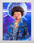 Personalized pet poster featuring a dog with an afro, disco outfit, and a mirrored disco ball background.