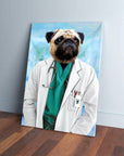 Personalized pug pet canvas in a white doctor's coat with a stethoscope, leaning against a blue wall.