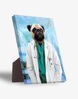 Personalized pug pet portrait on a standing canvas, dressed as a doctor in a white lab coat and green scrubs.