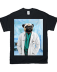Black Gildan t-shirt with a personalized pug dog in a doctor's lab coat and scrubs design.