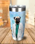 Personalized stainless steel tumbler with a custom portrait of a pug dressed as a doctor.