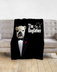 Black personalized pet blanket with a bulldog in a tuxedo and "The Dogfather" text.