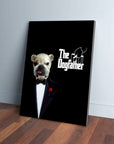 Personalized "The Dogfather" canvas featuring a bulldog in a tuxedo on a black background.