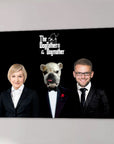 Personalized "The Dogfathers & Dogmother" canvas with a woman, bulldog, and man in suits on black.
