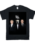 Black Gildan unisex t-shirt featuring "The Dogfathers & Dogmother" design with a woman, bulldog, and man in suits.