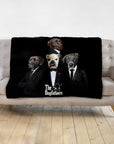 Personalized black minky blanket with four dogs in "The Dogfathers" renaissance portrait style.