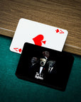 Personalized playing cards featuring four dogs in "The Dogfathers" custom portrait style on a black background.