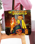 Personalized 'The Doggies' tote bag with custom dog portraits in a movie poster style, featuring a Cavalier King Charles Spaniel and a Golden Retriever.