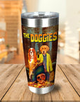 Personalized stainless steel tumbler with two dogs in a pirate-themed cartoon portrait, "The Doggies" title.