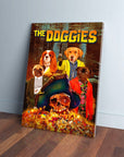 Personalized "The Doggies" canvas featuring four pets dressed as movie characters around a treasure skull.