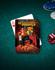 Personalized playing card featuring four dogs in a "Doggies" movie poster style, on a green poker table.