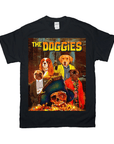 Black Gildan t-shirt with "The Doggies" graphic featuring four dogs and a pirate skull.