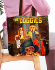 Personalized "The Doggies" tote bag featuring four custom pet portraits in a movie poster style.