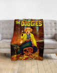 Personalized pet blanket with a golden retriever in a yellow jacket, "The Doggies" title, and a pirate skull.