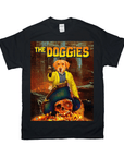 Black Gildan t-shirt with "The Doggies" movie poster design featuring a dog in a yellow coat.