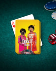 Personalized playing cards featuring two pets as "The Doggo Beatles" on a yellow background, with poker chips and dice.