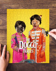 Personalized 2-pet puzzle featuring a pug and a dog in "Doggo Beatles" costumes on a yellow background.