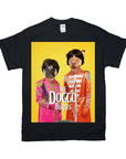 Black Gildan t-shirt with "The Doggo Beatles" design featuring two pets in colorful band uniforms.