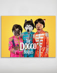 Personalized 'Doggo Beatles' poster featuring three pets in colorful Sgt. Pepper's Lonely Hearts Club Band outfits.
