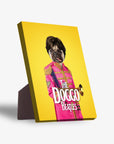 Personalized pet standing canvas featuring a pug in a pink "Doggo Beatles" uniform on a yellow background.