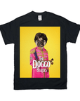 Black Gildan t-shirt with a personalized graphic of a pug dressed as a "Doggo Beatles" band member on a yellow background.