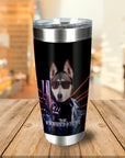 Personalized stainless steel tumbler with a husky dog portrait in "The Doggonator" action movie style.