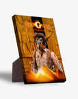 Personalized "The Doggy Returns" pet standing canvas featuring a Rottweiler in an adventurer outfit.