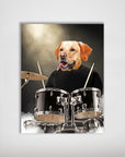 Custom pet poster featuring a golden retriever's head on a drummer's body in a black shirt, playing a black drum kit.