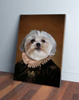 Personalized pet canvas featuring a Shih Tzu dog as "The Duchess" in a dark velvet gown with a ruffled collar and gold pendant, leaning on a wooden floor.