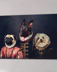 Personalized 'The Duke Family' canvas featuring three pets in Renaissance-style noble attire against a dark background.