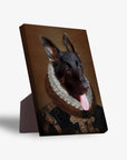 Personalized pet standing canvas featuring a German Shepherd in a regal 'Duke' costume with a ruffled collar.