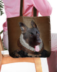 Personalized 'The Duke' tote bag with a custom royal renaissance portrait of a black dog.