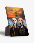 Personalized standing canvas featuring two dogs in navy explorer uniforms with a ship at sunset.