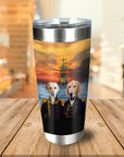 Personalized stainless steel tumbler with two dogs in royal naval portraits against a sunset ship scene.