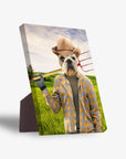 Personalized pet standing canvas featuring a bulldog's head on a farmer's body with a straw hat and pitchfork.